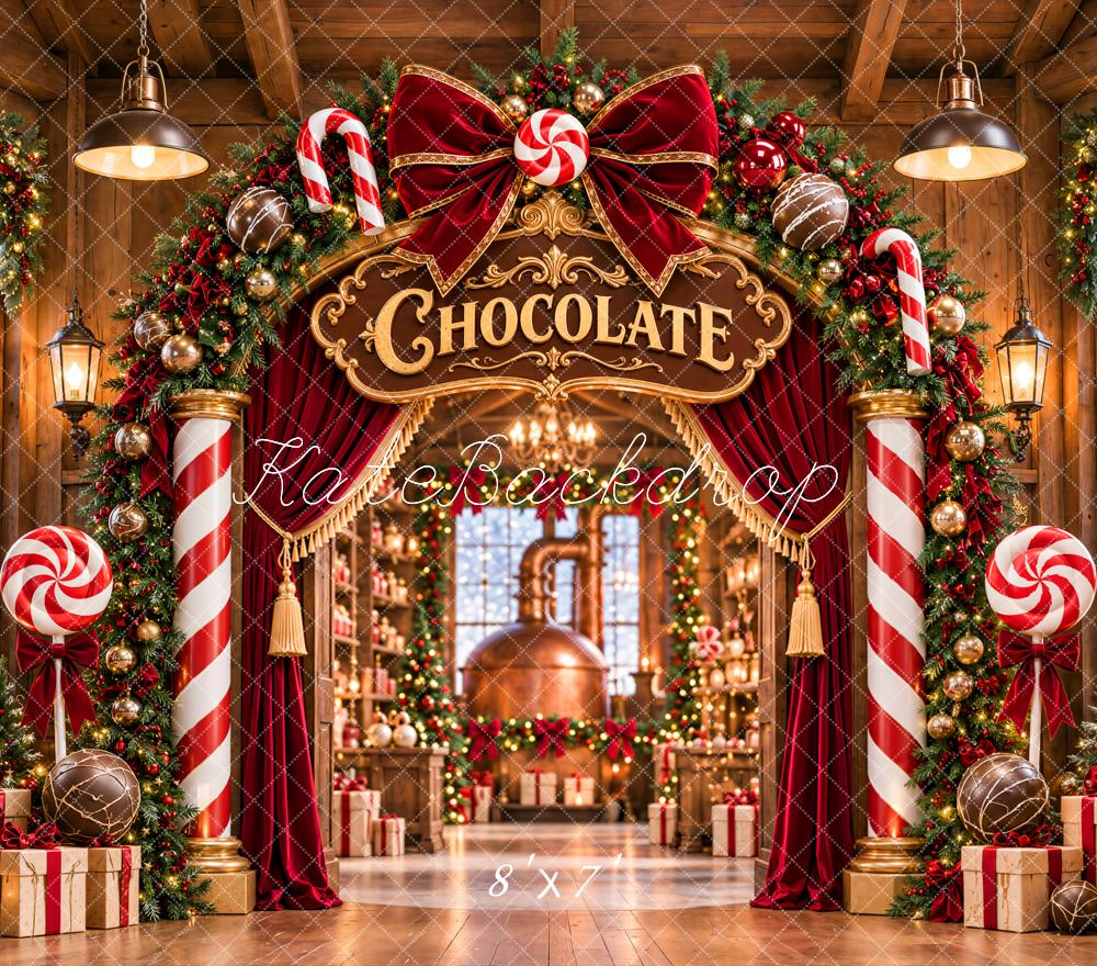 Kate Christmas Chocolate Factory Candy Cane Arch Bow Matte UV Printed Vinyl Backdrop