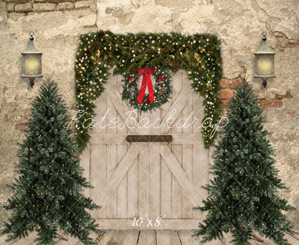 Kerstachtergrond Bakstenen muur Deur & Kerstbomen Ontworpen door JS Photography
