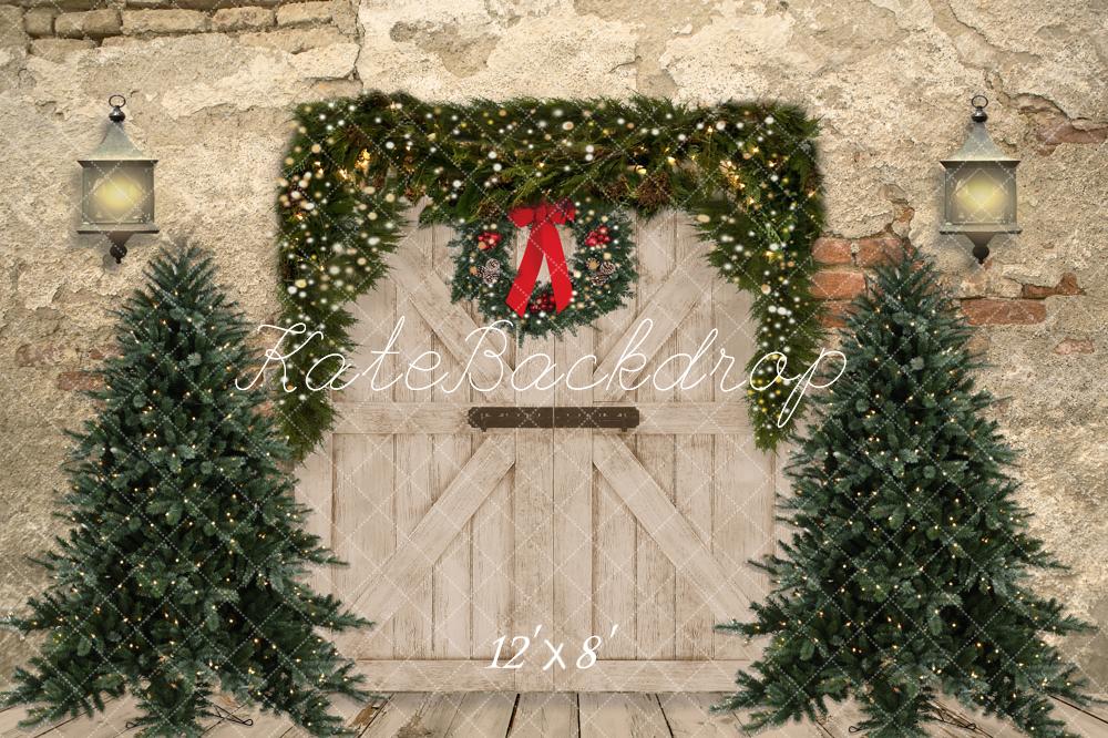 Kerst Fleece Achtergrond Bakstenen Muur Deur & Kerstbomen Ontworpen Door JS Photography