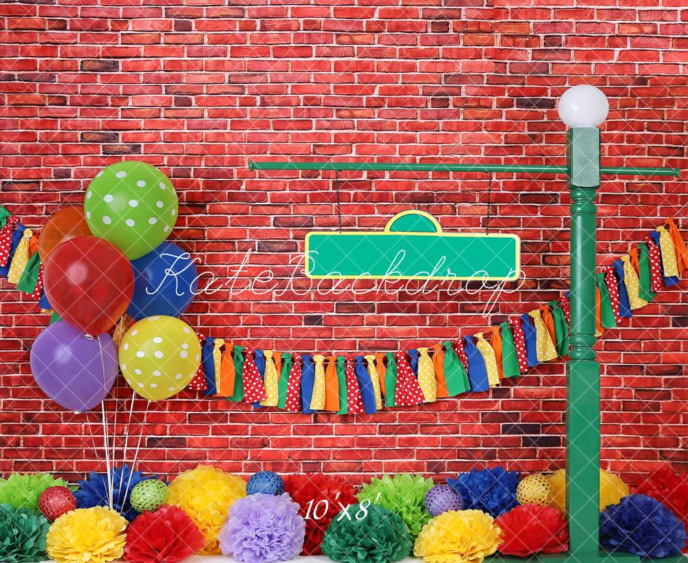 Pared de ladrillo con fondo de globos coloridos para fotografía