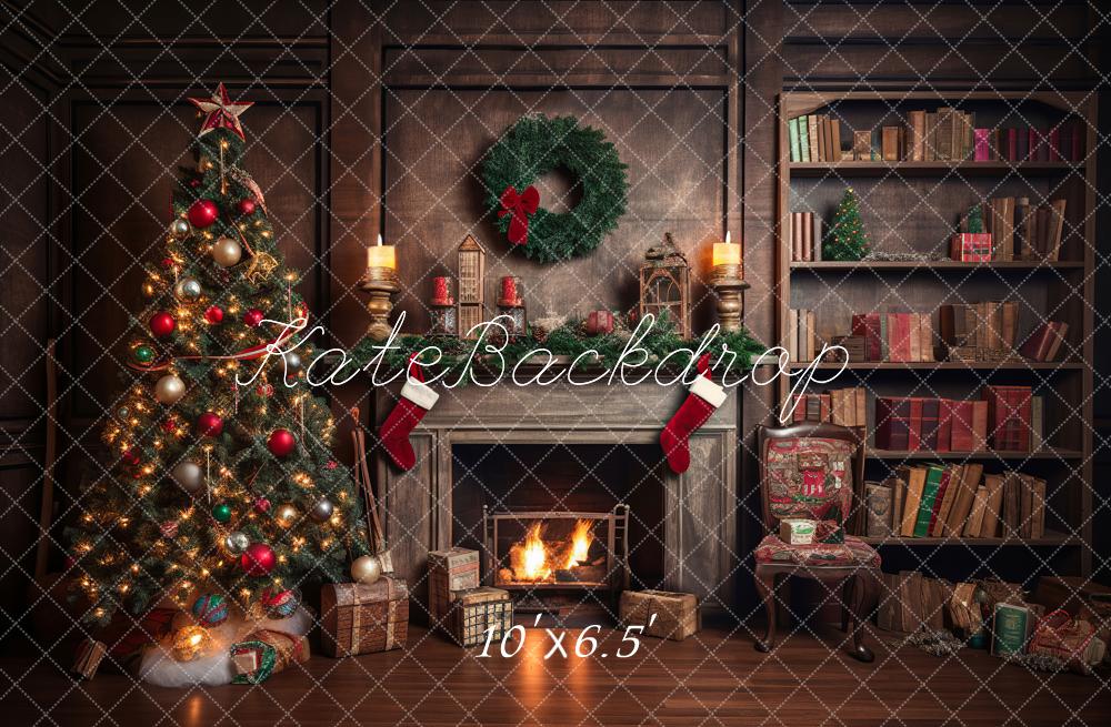 Kate Retro Christmas Tree Fireplace Santa Warm House Book Backdrop for Photography
