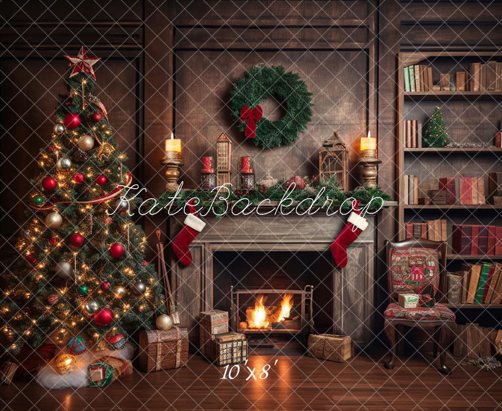 Kate Retro Christmas Tree Fireplace Santa Warm House Book Backdrop for Photography