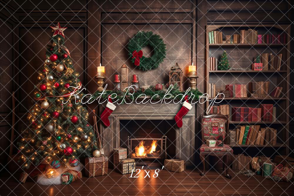 Kate Retro Christmas Tree Fireplace Santa Warm House Book Backdrop for Photography