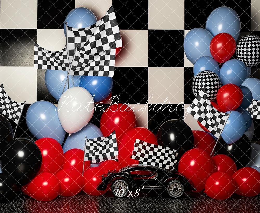 Kate Birthday Race Car Checkered Flag Balloon Cake Smash Printed Backdrop for Photography