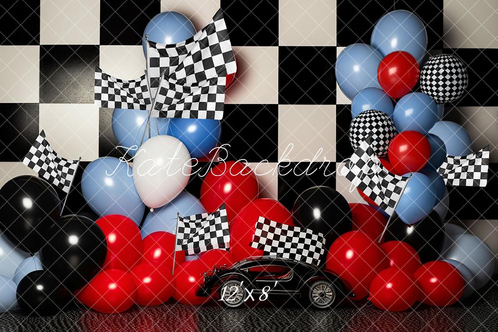 Kate Birthday Race Car Checkered Flag Balloon Cake Smash Printed Backdrop for Photography