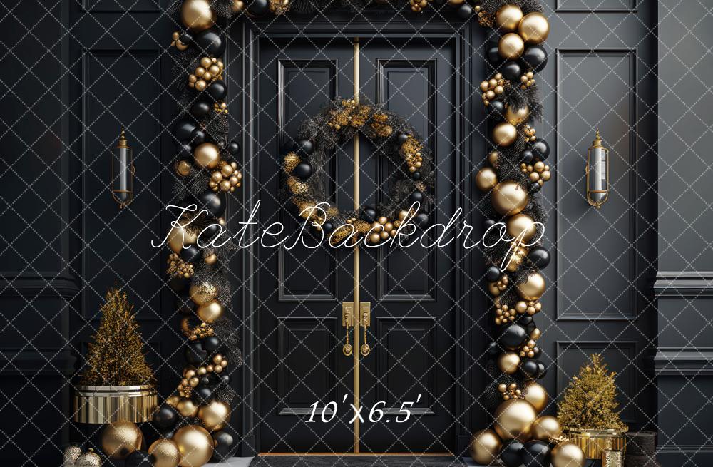Kate Elegant Black and Gold Christmas Front Door Backdrop Designed by Mandy Ringe Photography