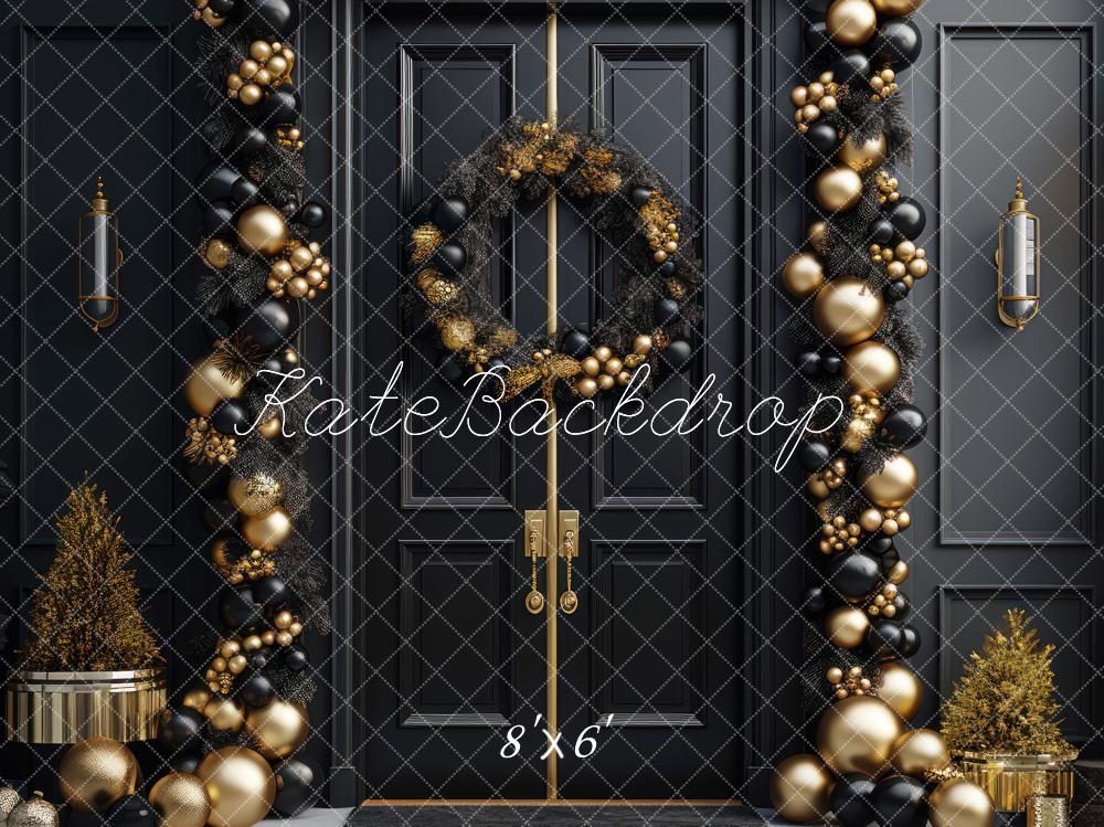 Kate Elegant Black and Gold Christmas Front Door Backdrop Designed by Mandy Ringe Photography