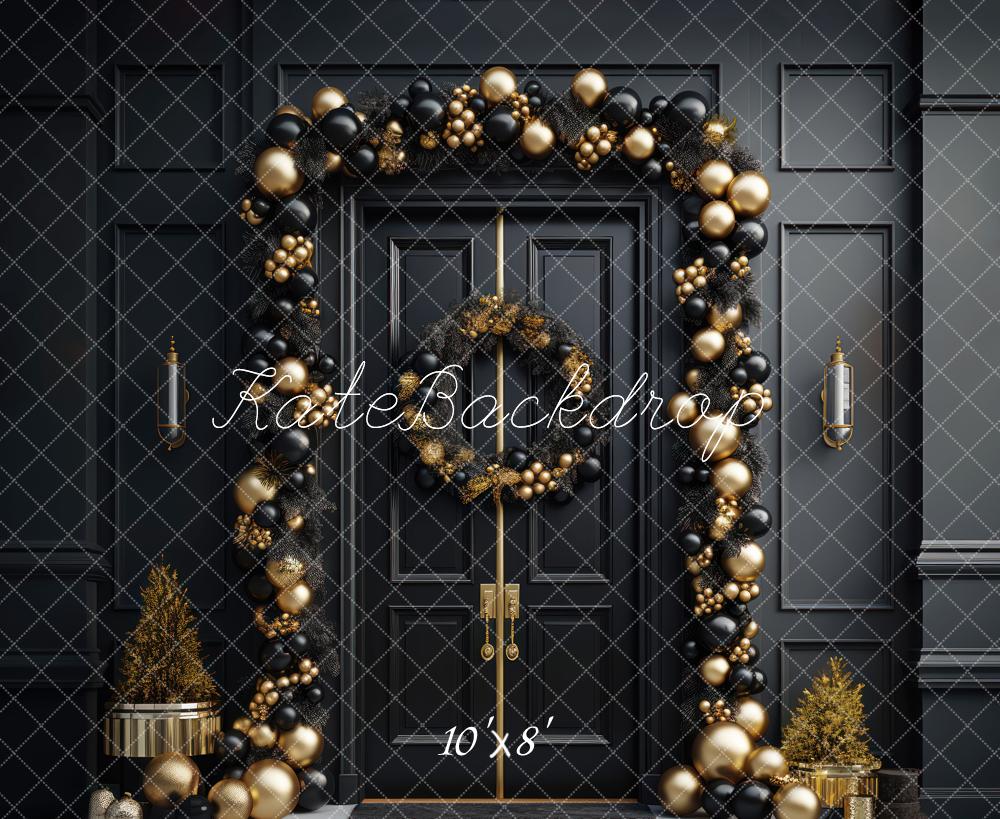 Kate Elegant Black and Gold Christmas Front Door Backdrop Designed by Mandy Ringe Photography