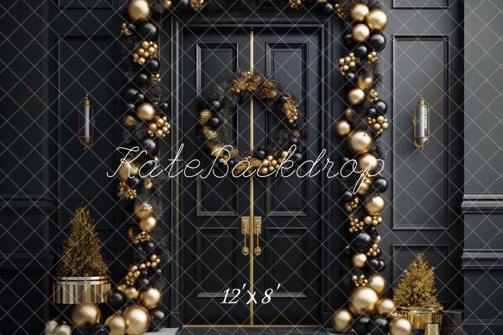 Elegante fondo de puerta delantero navideño en negro y oro diseñado por Mandy Ringe Photography