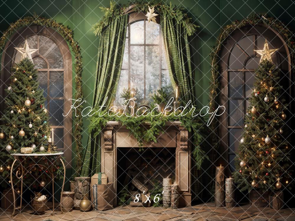 Kate Christmas Green Fireplace Curtain Backdrop Designed by Emetselch