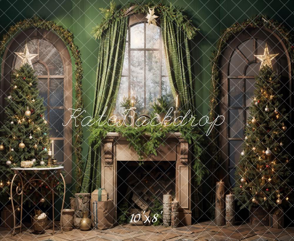 Kate Christmas Green Fireplace Curtain Backdrop Designed by Emetselch