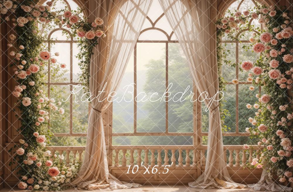 Fondo de pantalla de habitación con ventana de flores rosas de primavera diseñado por Emetselch