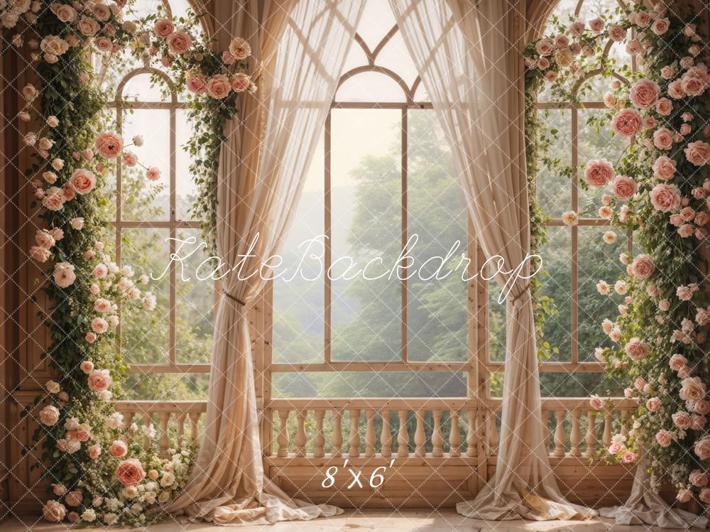 Fondo de pantalla de habitación con ventana de flores rosas de primavera diseñado por Emetselch