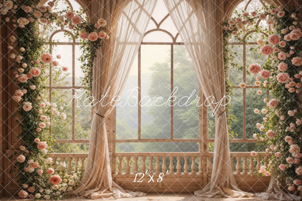 Fondo de pantalla de habitación con ventana de flores rosas de primavera diseñado por Emetselch