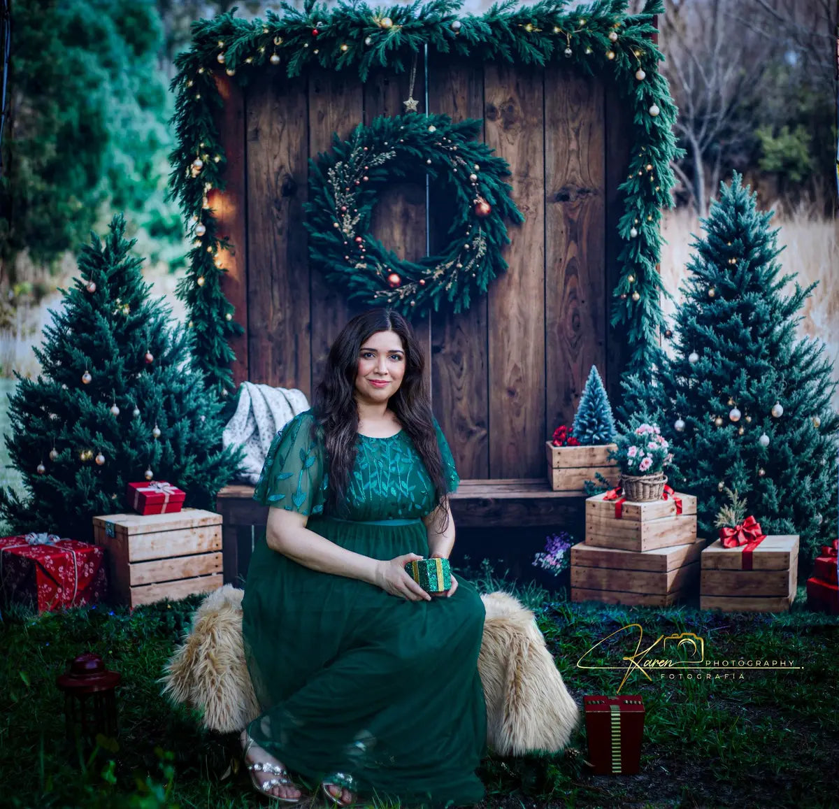 Kate Christmas Forest Rustic Wreath Wooden Backdrop Designed by Emetselch