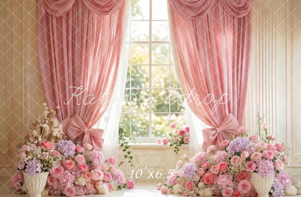 Cortina de Ventana Floral Rosa Romántica Diseñada por Patty Roberts