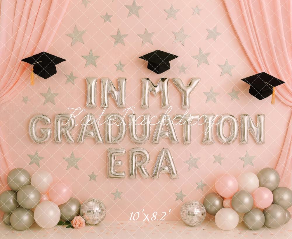 A 10ft x 8.2ft graduation-themed backdrop with balloons and 'In My Graduation Era' text on a pink background.