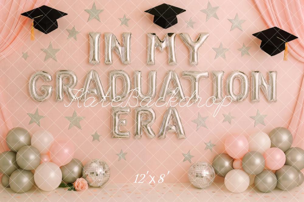 A 12ft x 8ft graduation-themed backdrop with balloons and 'In My Graduation Era' text on a pink background.