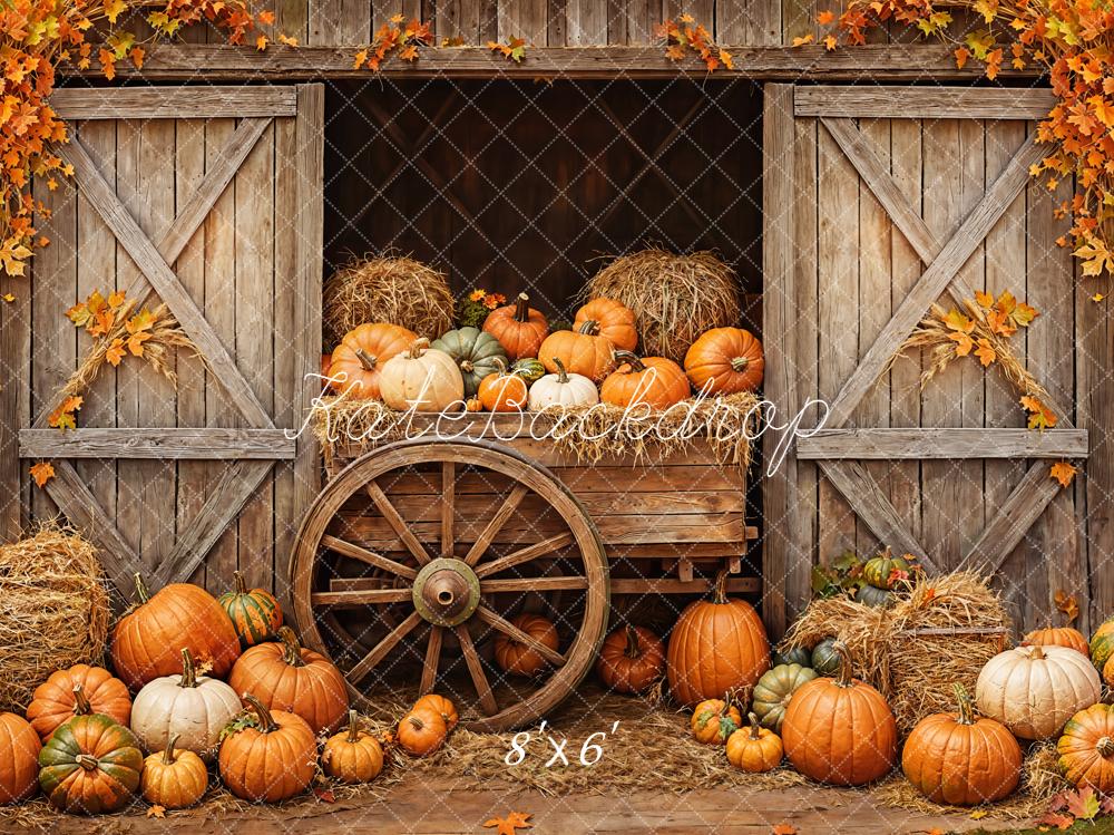 Pannello di sfondo con zucche d'autunno, porta di granaio e foglie d'acero progettato da Emetselch