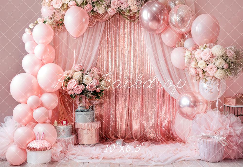 Kate Birthday Pink Floral Balloon Arch Backdrop Designed by Emetselch