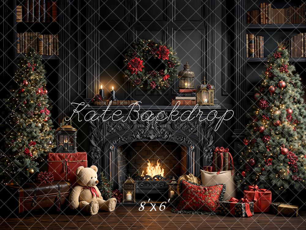 Kate Christmas Vintage Fireplace Wreath Trees Gifts Bookshelves Printed Backdrop Designed by Emetselch