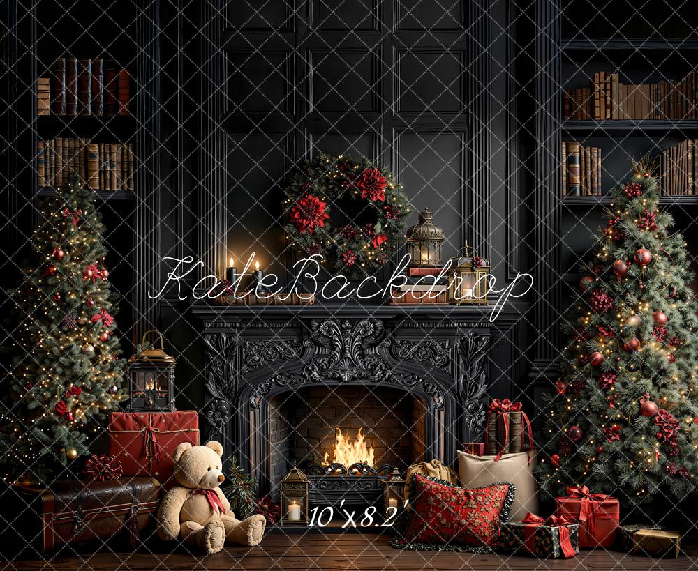 Kate Christmas Vintage Fireplace Wreath Trees Gifts Bookshelves Printed Backdrop Designed by Emetselch