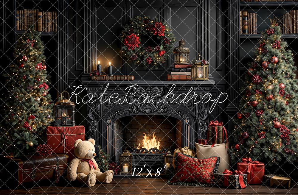 Kate Christmas Vintage Fireplace Wreath Trees Gifts Bookshelves Printed Backdrop Designed by Emetselch