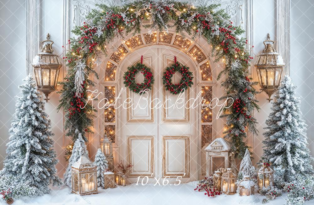 Kate Christmas Retro Door Garland Snowy Pine Trees Lanterns Printed Backdrop Designed by Emetselch