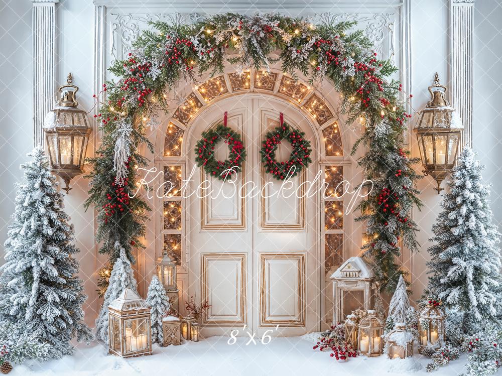 Kate Christmas Retro Door Garland Snowy Pine Trees Lanterns Printed Backdrop Designed by Emetselch
