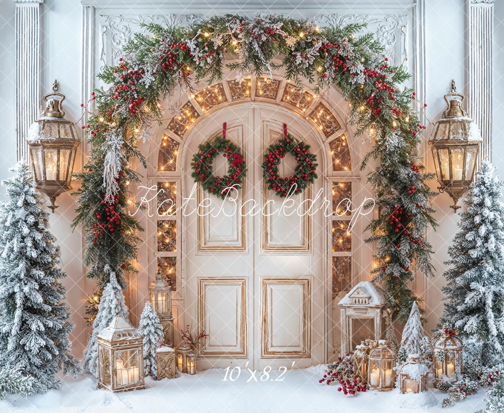 Kate Christmas Retro Door Garland Snowy Pine Trees Lanterns Backdrop Designed by Emetselch