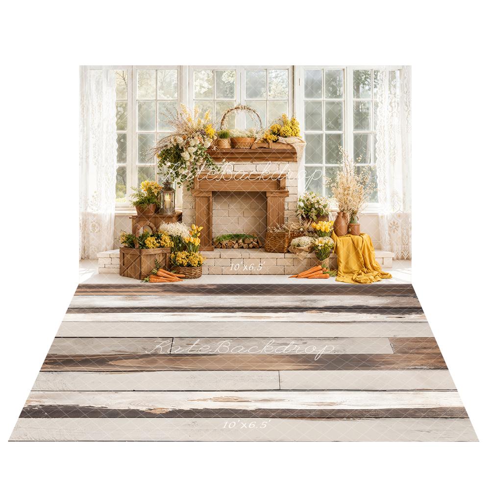 Kate Spring Easter Yellow Flowers Fireplace Window Sunlight Backdrop+Light Brown White Retro Wood Floor Backdrop