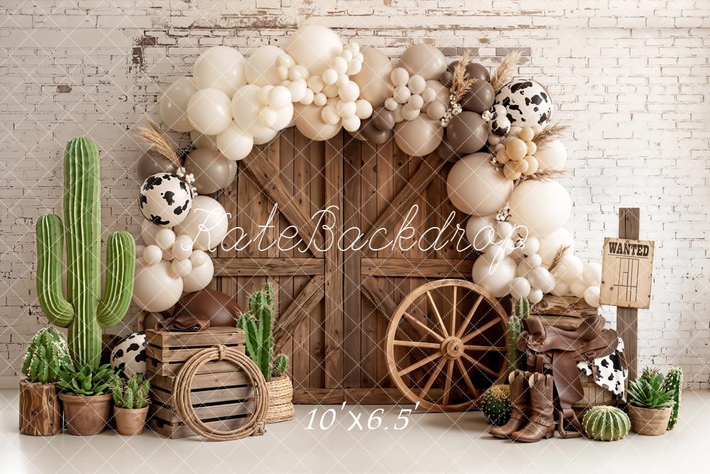 Kate Western Barn Door Cow Print Balloon Arch Cactus Printed Backdrop Designed by Emetselch