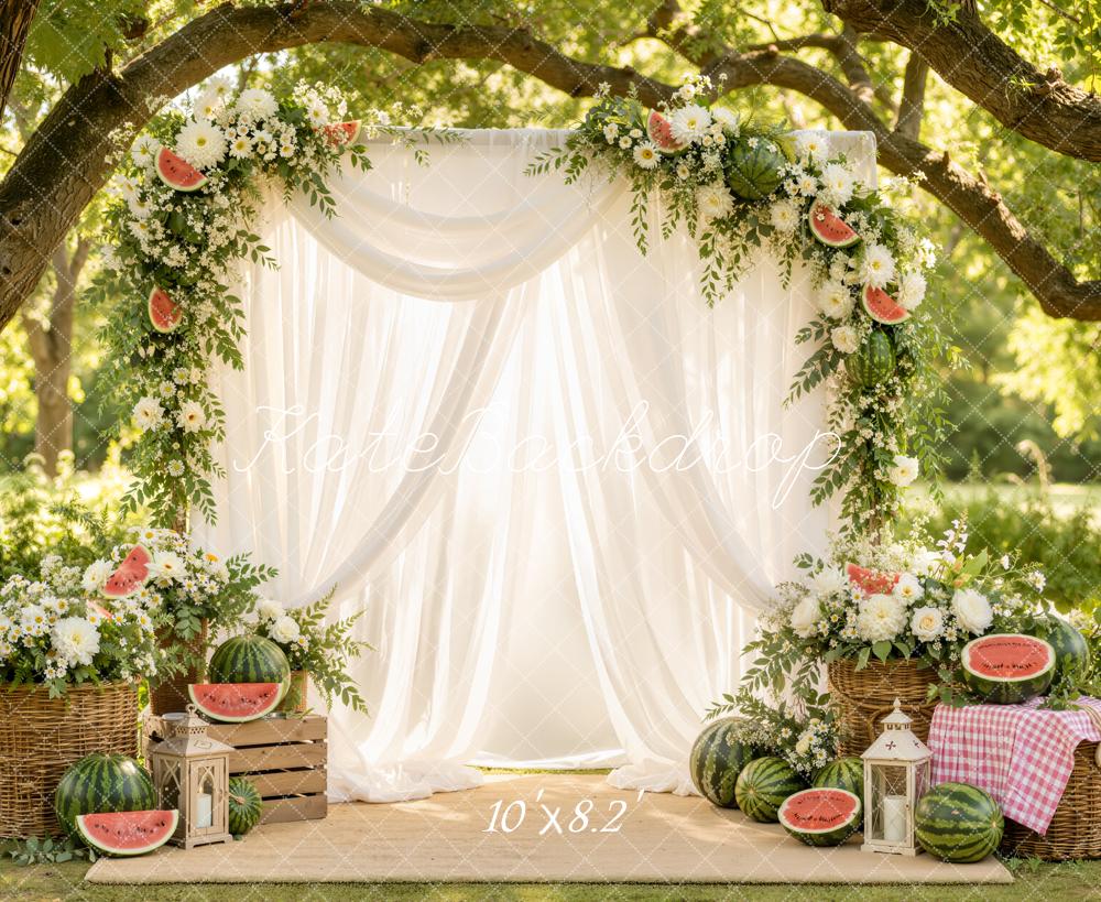 Kate Summer Branch Arch White Drapes Watermelon Floral Printed Backdrop Designed by Emetselch