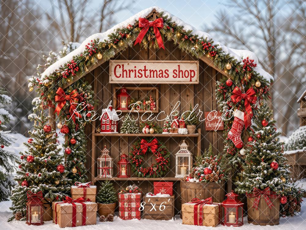 Kate Christmas Shop Rustic Cabin Snowy Trees Gifts Forest Printed Backdrop Designed by Emetselch
