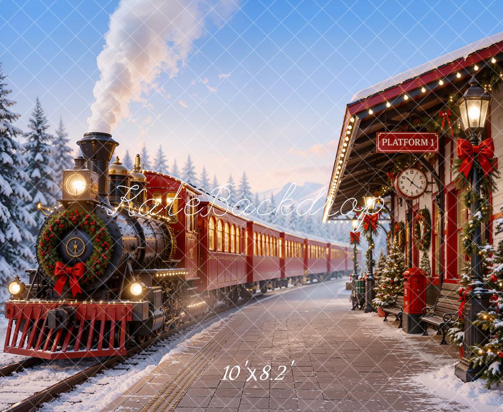 Kate Christmas Red Polar Train Station Snowy Trees Printed Backdrop Designed by Emetselch