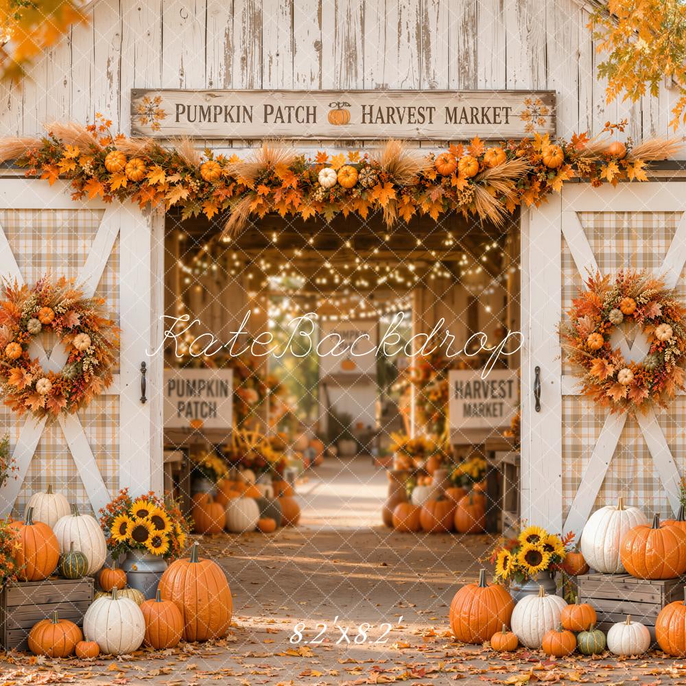 Kate Fall White Barn Pumpkin Harvest Wreath Printed Backdrop Designed by Emetselch