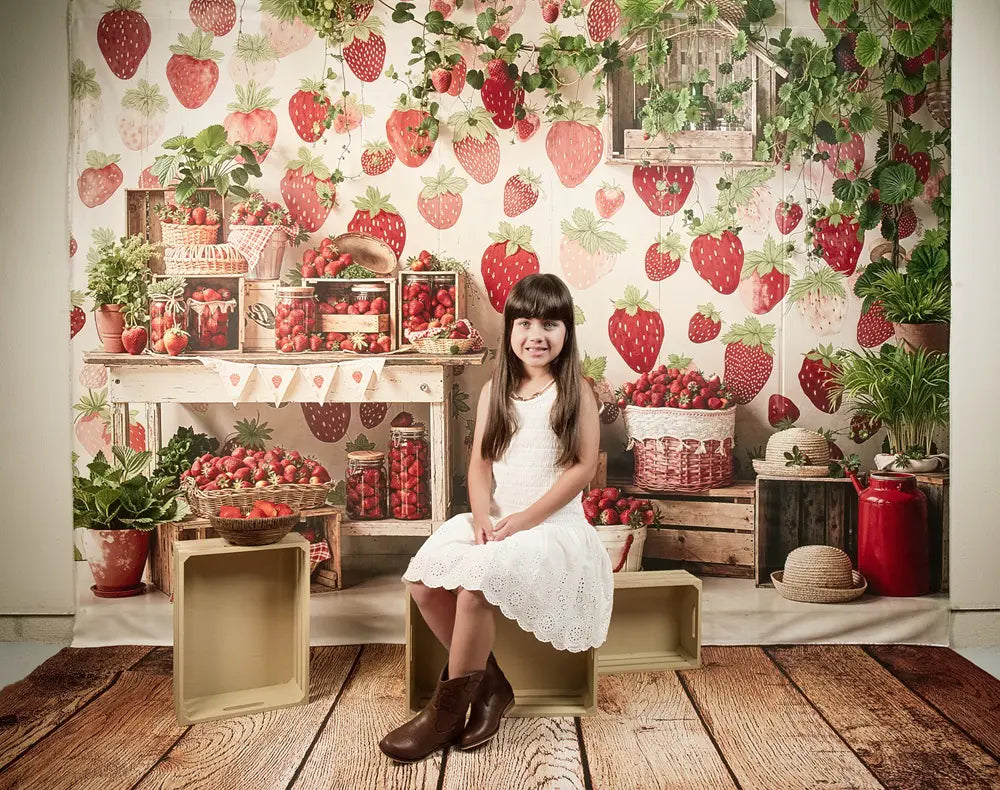 Kate Summer Strawberry Fruit Crates and Greenery Printed Backdrop Designed by Emetselch