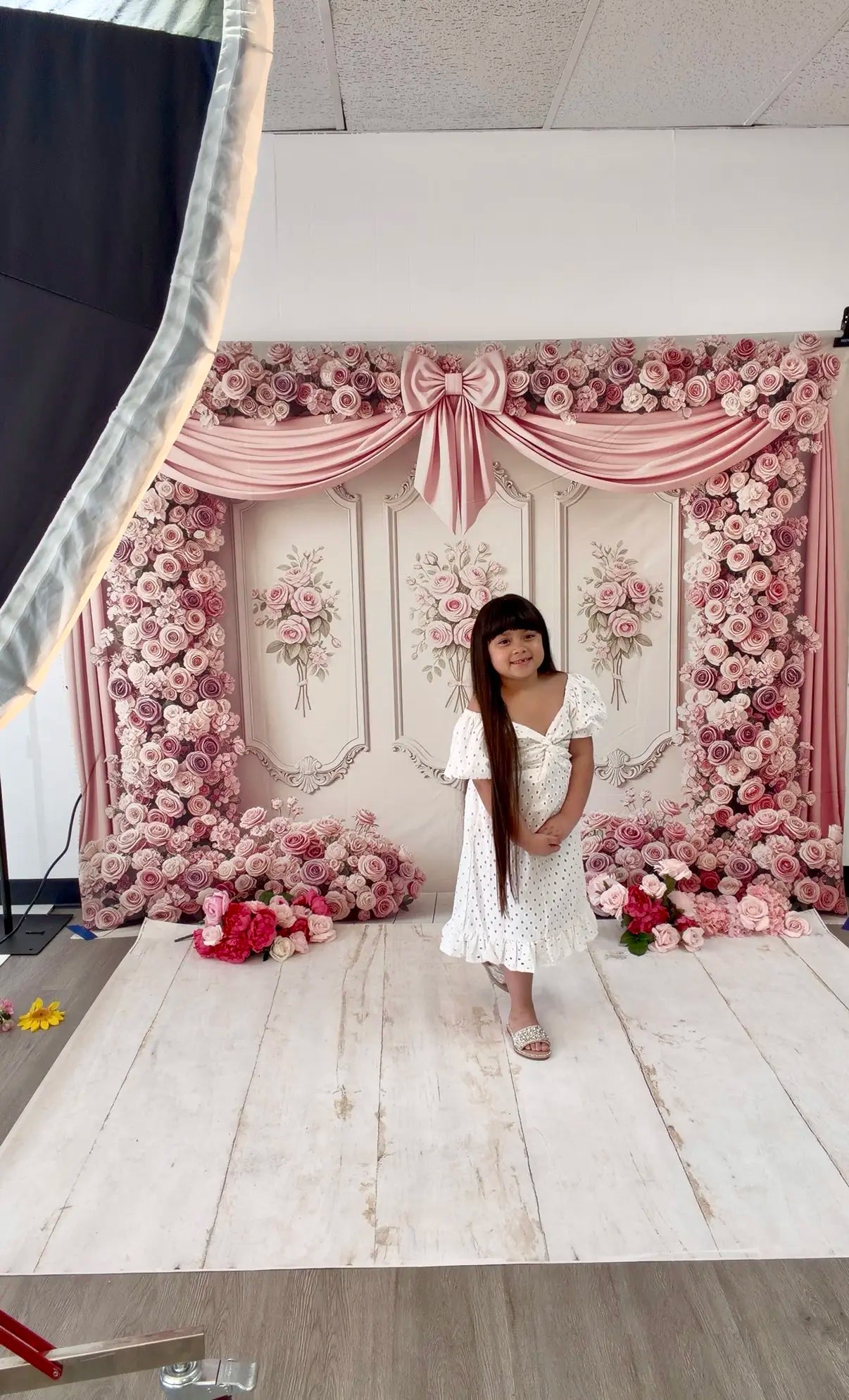 Kate Flower Arch Pink Roses Bow Curtains Printed Backdrop Designed by Patty Roberts