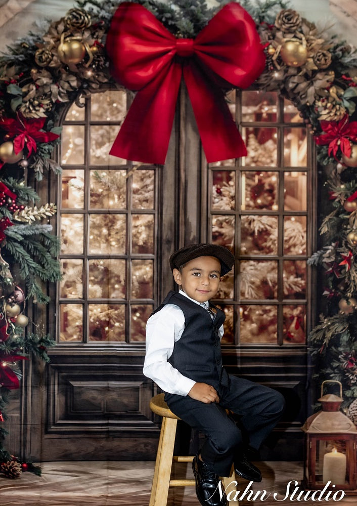 Kate Christmas Arch Door Red Bow Pine Trees Lanterns Backdrop Designed by Emetselch