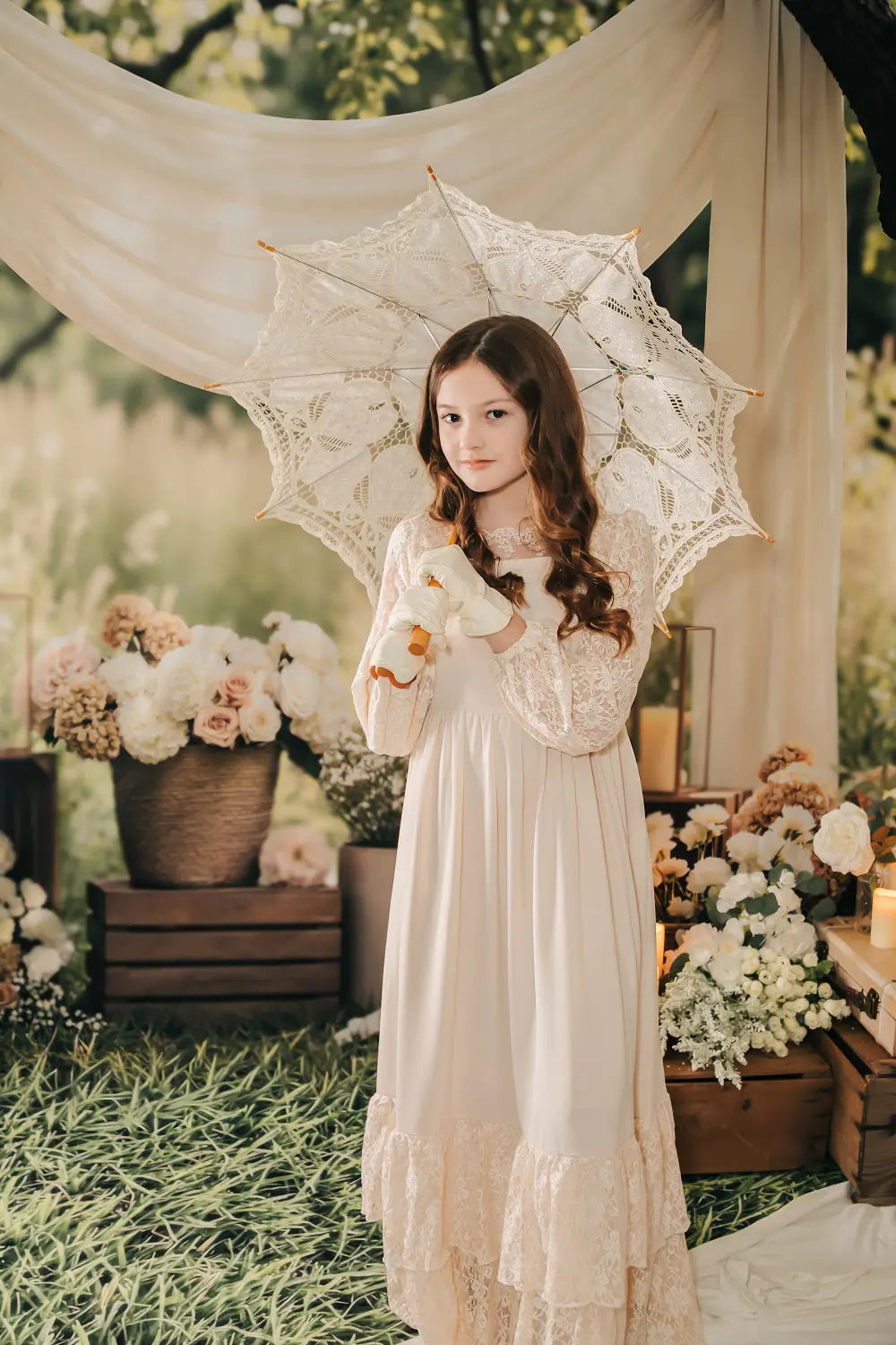 Kate Flower Arch Cream Drapes Rustic Baskets Printed Backdrop Designed by Mini MakeBelieve