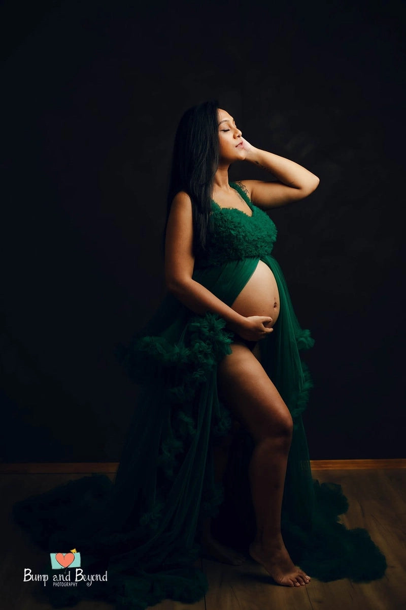 Eén Schouder Mesh Roze Zwangerschapsfotoshoot Jurk