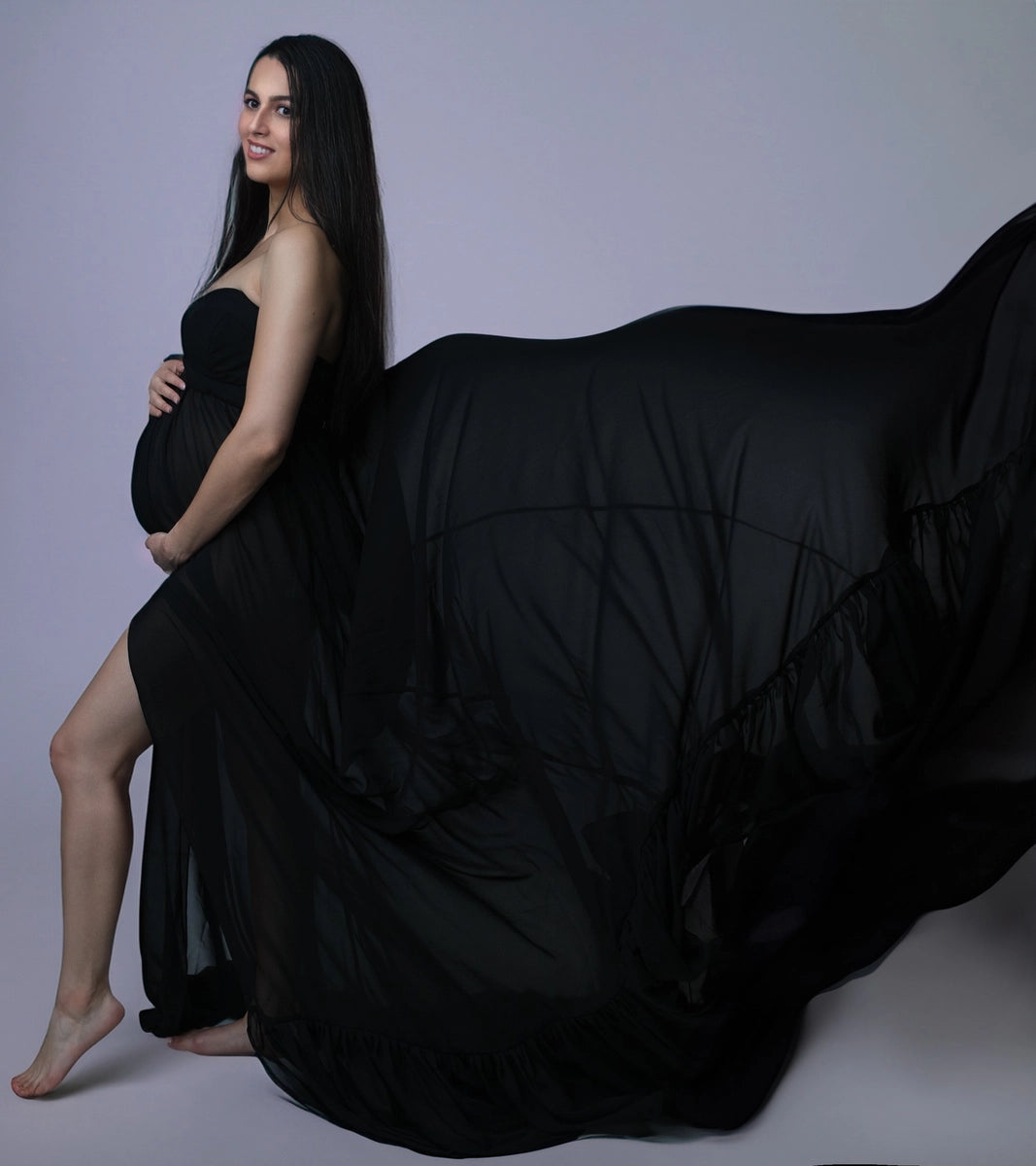Kate Grey Long Sleeve Satin Custom Maternity Photoshoot Gowns