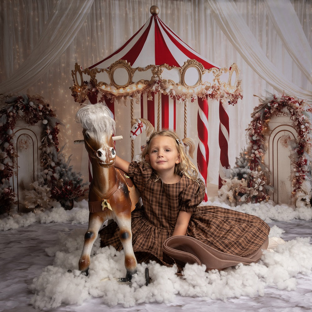 Kate Christmas Circus Carousel White Drapes Backdrop Designed by Patty Roberts
