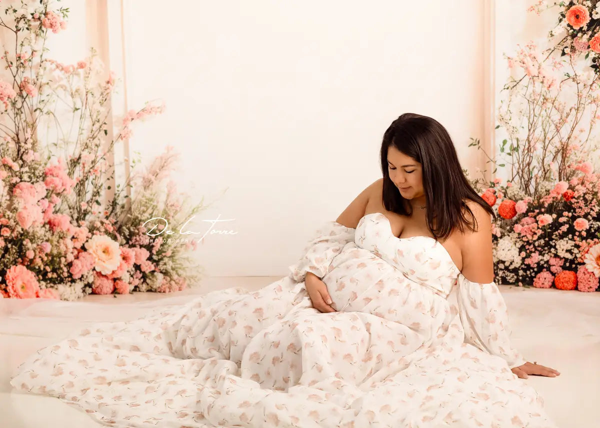 Chiffon Bloem Geprinte Witte Zwangerschaps Fotoshoot Jurk Designed by