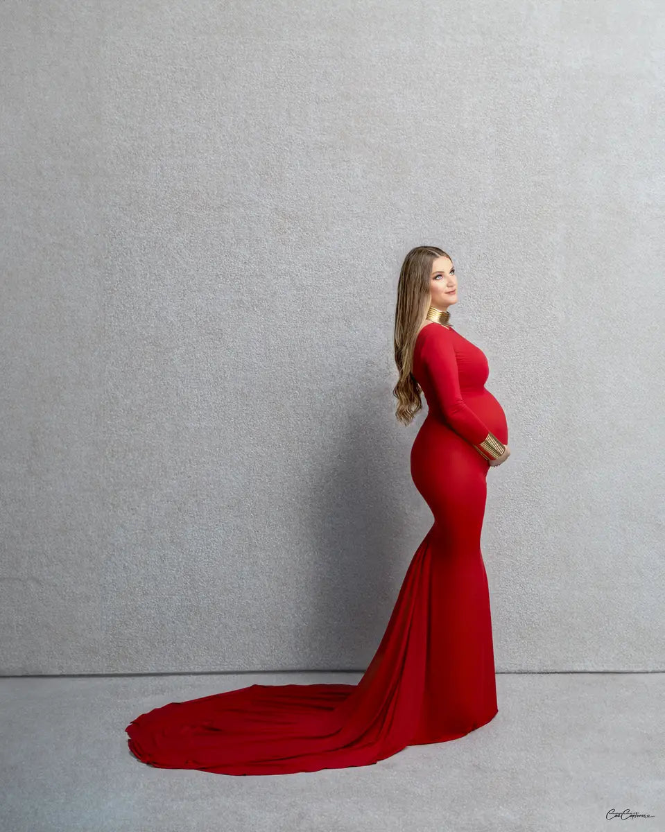 Dedysler Abito Lungo Premaman In Raso Con Maniche Lunghe E Spacchi Laterali – Perfetto Per Servizi Fotografici, Baby Shower, Taglia XL