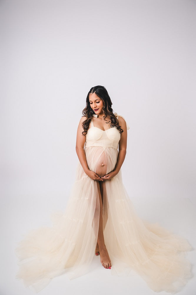 Vestido de fotos de maternidad sin tirantes de malla multicolor diseñado por