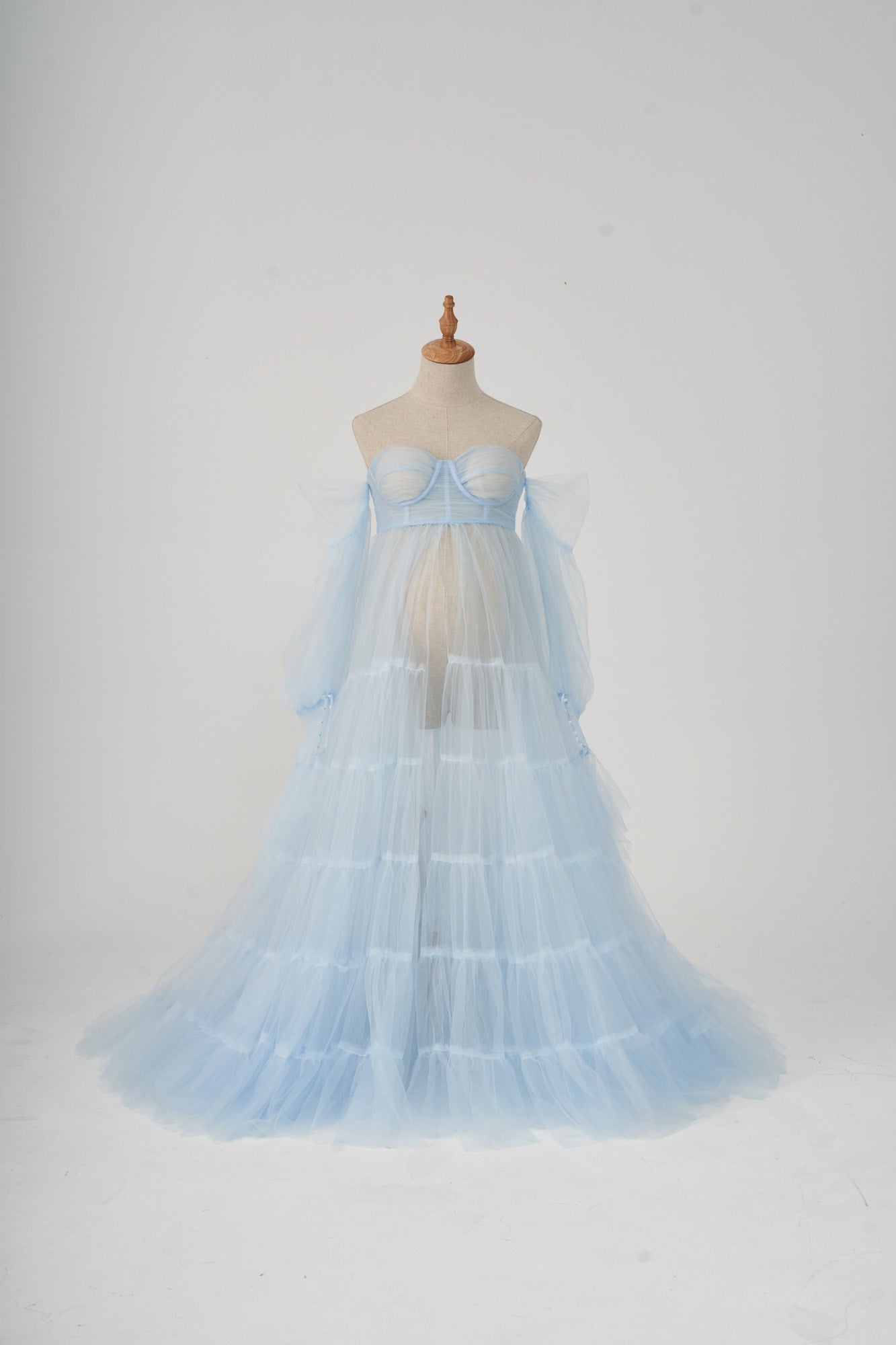 Blue sexy tulle maternity dress modelling