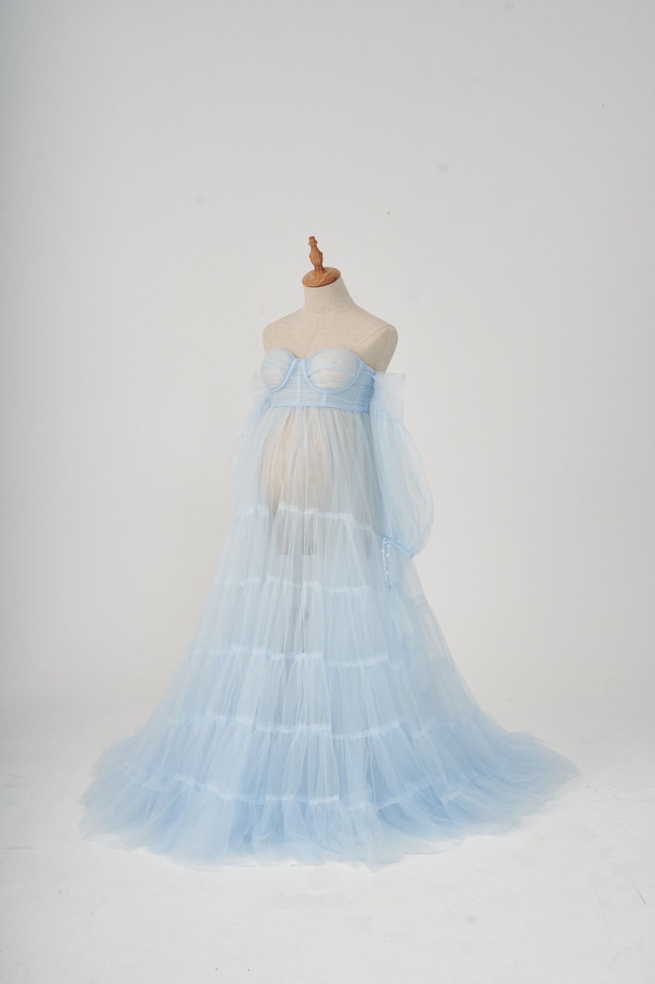 Blue sexy tulle maternity dress modelled side by side