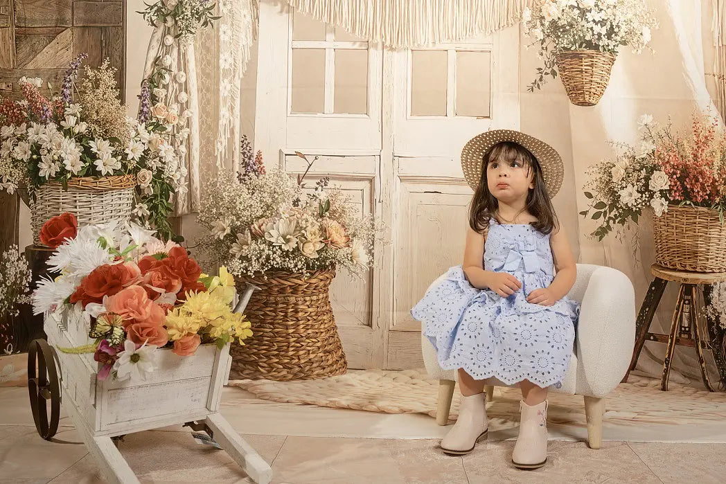 Kate Boho Flower Arch Macrame Wicker Baskets Neutral Printed Backdrop Designed by Emetselch