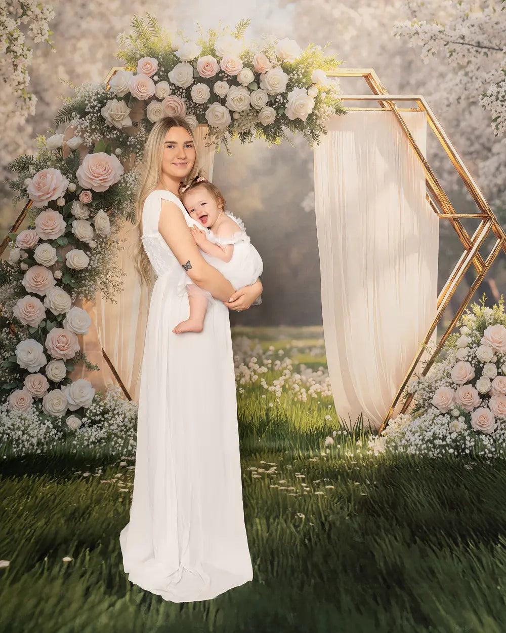 Kate Spring Flower Arch White Roses Geometric Frame Backdrop Designed by Mini MakeBelieve